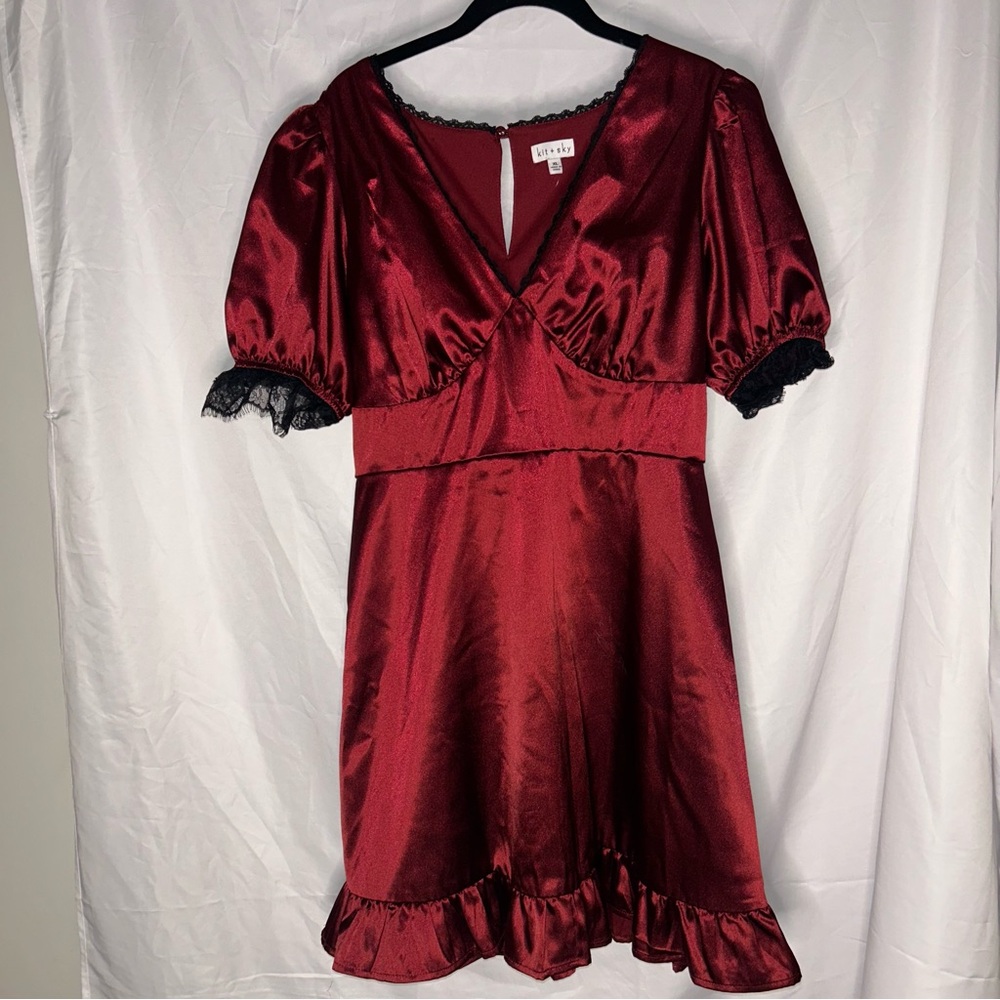 Kit + Sky Mini Dress Short Sleeves Red Satin Dress with Black Lace Trim XL Goth